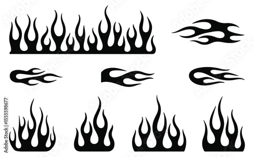 Flame silhouettes in classic 90s style, motorcycle and hot rod car style. Old school, retro tattoos. Black and white flame silhouette and outline style. Retro fire aesthetics, with flames. Vector set
