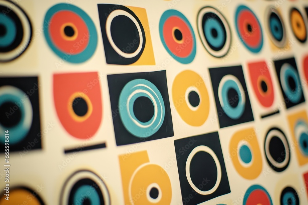 Fototapeta premium Retro pattern in vibrant colors on paper showcasing geometric shapes and circles reflecting mid-century modern design