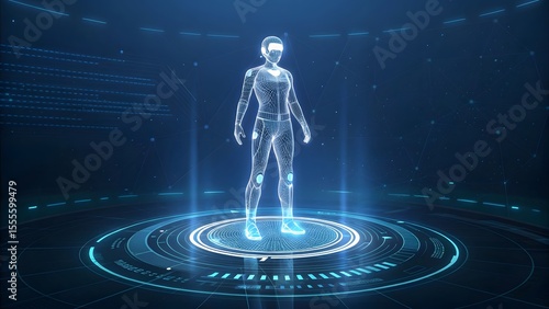 Futuristic digital human hologram displayed on a glowing circular platform with data streams