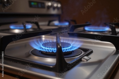 close up of a gas stove with blue flames
