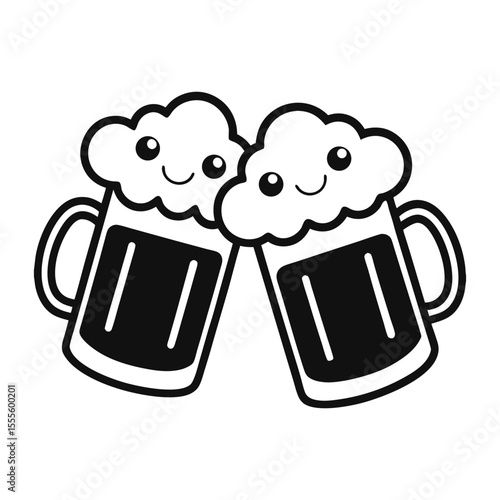 Two happy black-and-white cartoon beer mugs with foamy heads clinking together.