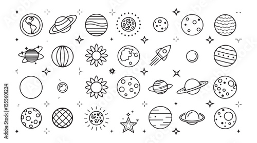 Collection of outer space icons featuring planets stars rocket and celestial bodies in a clean line art silhouette style