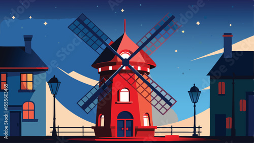 A windmill stands tall in a village under a starry night sky landscape illustration
