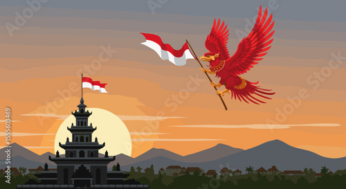 The temple, set against a vibrant sunset, represents the rich cultural heritage of Indonesia. The city skyline in the distance symbolizes the nation's development.