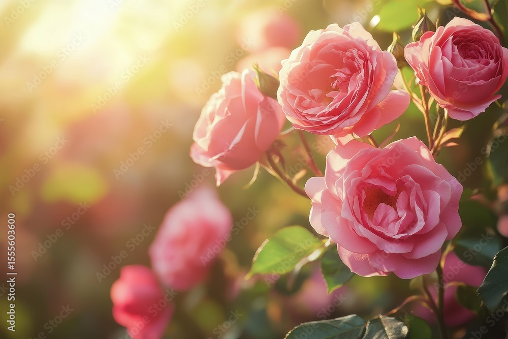 Obraz premium Lush pink roses illuminated by warm sunlight in a vibrant garden setting during the golden hour