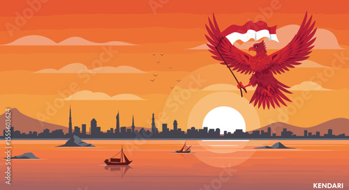 This illustration features the Indonesian eagle soaring proudly above a river, with the flag held high.
