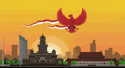 The temple, set against a vibrant sunset, represents the rich cultural heritage of Indonesia. The city skyline in the distance symbolizes the nation's development.