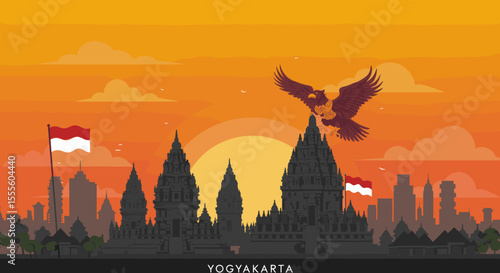 The temple, set against a vibrant sunset, represents the rich cultural heritage of Indonesia. The city skyline in the distance symbolizes the nation's development.