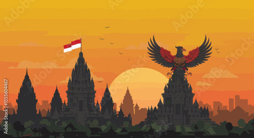 The temple, set against a vibrant sunset, represents the rich cultural heritage of Indonesia. The city skyline in the distance symbolizes the nation's development.