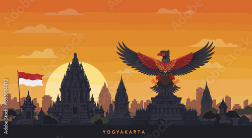 The temple, set against a vibrant sunset, represents the rich cultural heritage of Indonesia. The city skyline in the distance symbolizes the nation's development.