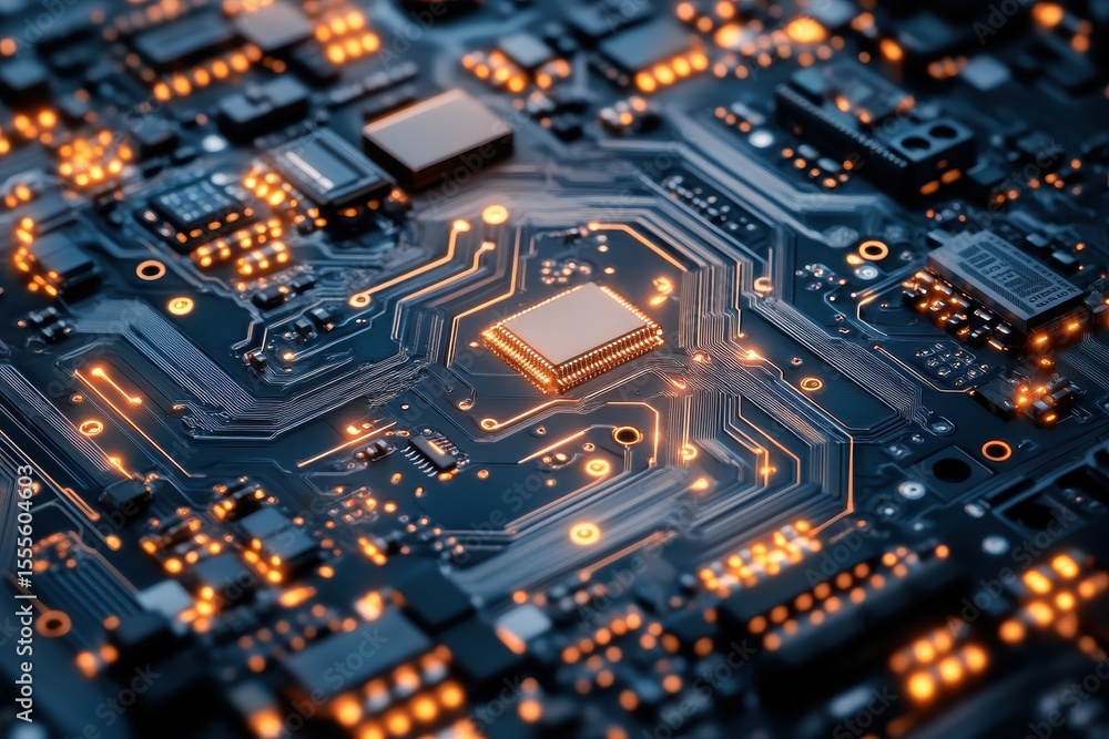 Obraz premium Electronic circuit board background showcasing intricate components and illuminated pathways in a modern technology setting