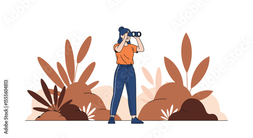 Observant individual exploring a lush natural environment with diverse foliage and plants carefully using binoculars to identify species