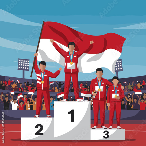 captures a group of athletes celebrating their victory in a sports competition. The athletes, proudly wearing their red uniforms and medals, are standing on a podium with the Indonesian flag waving pr