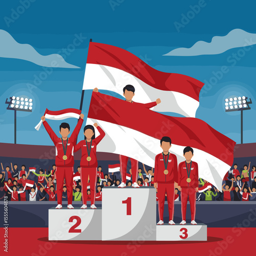 captures a group of athletes celebrating their victory in a sports competition. The athletes, proudly wearing their red uniforms and medals, are standing on a podium with the Indonesian flag waving pr