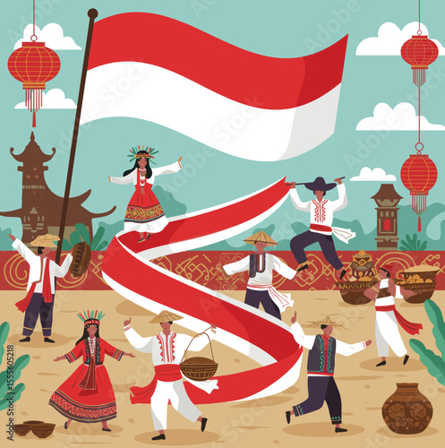 The scene highlights the importance of cultural heritage and the harmonious celebration of national unity.
