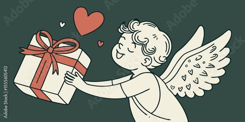 A happy cupid, gift, heart, and red ribbon in 3D, used for Valentine's Day , 14 February love messages and ads in dark green background vector illustration.