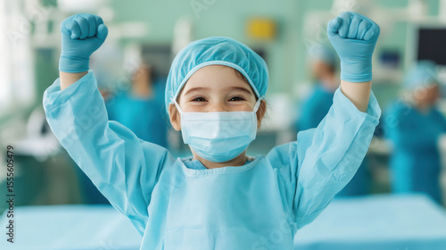 Happy little child surgeon wearing gloves and surgical mask raising hands in hospital with medical staff