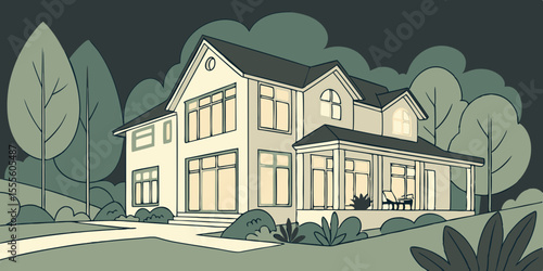 A large and spacious in white house in dark green background vector illustration 