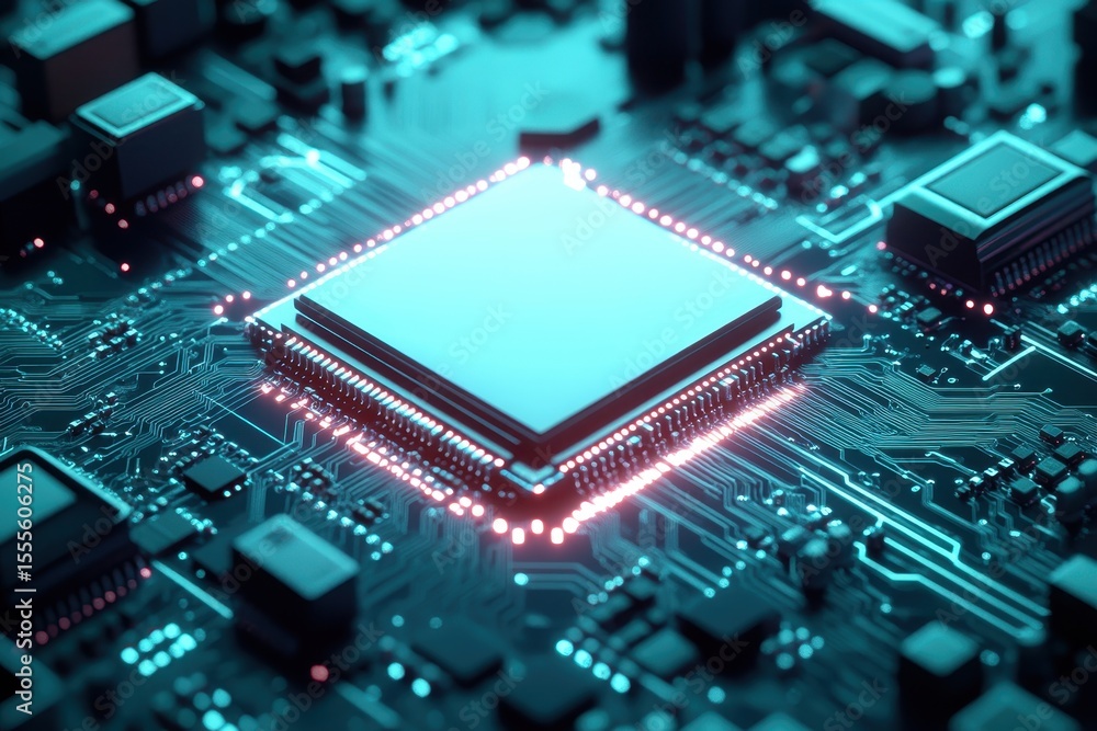 Detailed view of a microchip on a circuit board showcasing intricate design and connectivity in a futuristic digital environment Detailed view of a microchip on a circuit board showcasing intricate design and connectivity in a futuristic digital environment