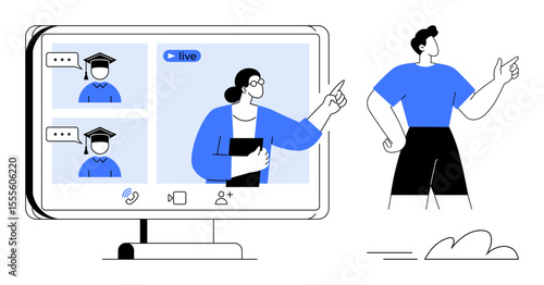 Online learning setup featuring a screen with a teacher pointing, students participating, and an observer nearby. Ideal for education, remote work, webinars, training, teamwork, communication simple
