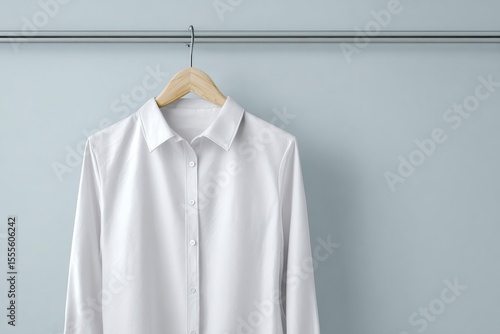 A white longsleeved shirt hangs on a wooden hanger suspended from a metal rod against a gray backdrop