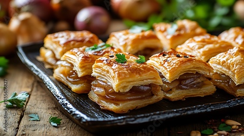 Delicious onion pastries with flaky crust are displayed on a black plate on a rustic wooden surface