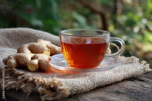Ginger tea in a glass cup on a wooden table with ginger root and burlap cloth