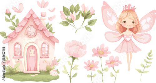 Watercolor Fairy House with Cute Fairy and Pink Flowers Illustration