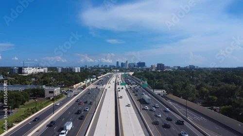 Aerial Drone View of Interstate 4 Leading into Downtown Orlando, Florida Skyline