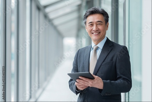 笑顔でタブレットを持つシニアのビジネスマン（会社・企業・経営者・ホームページ）