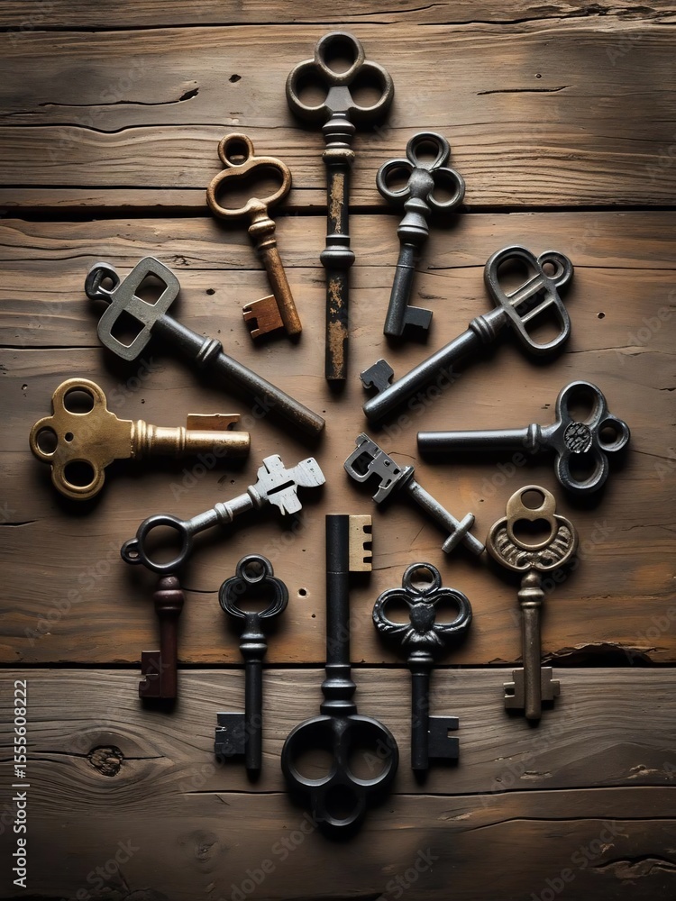 Fototapeta premium Collection of ornate vintage skeleton keys arranged on aged wood planks