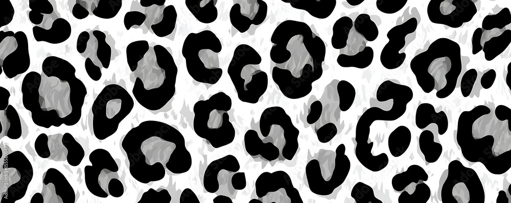 Fototapeta premium Repeating leopard print pattern with bold black spots over a white and gray fur textured background in a modern and graphic seamless style for textiles