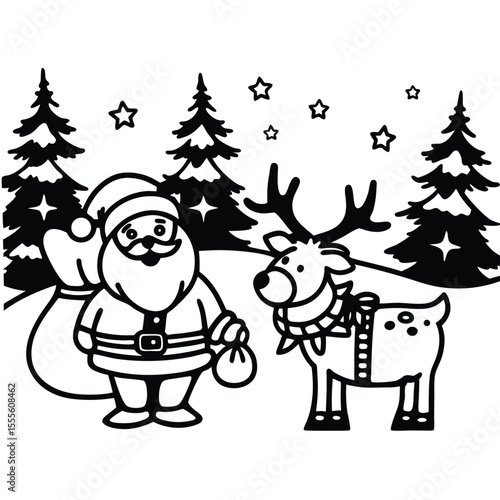 Wallpaper Mural This black and white illustration features Santa Claus and a reindeer in a wintery forest setting. Torontodigital.ca