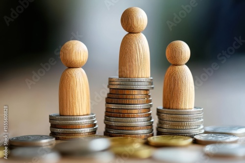Wooden figures representing socioeconomic status stacked on coins showing the disparity in wealth and economic conditions among different groups