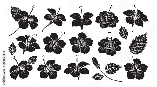 Collection of dark blue hibiscus flowers and leaves in a simple silhouette style