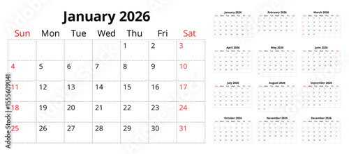 2026 calendar planner. Vector collection of English monthly page calendars. Design with Sunday start