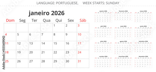 PORTUGUESE monthly calendar planner for 2026 year. Vector set illustration for Portugal. Week starts sunday