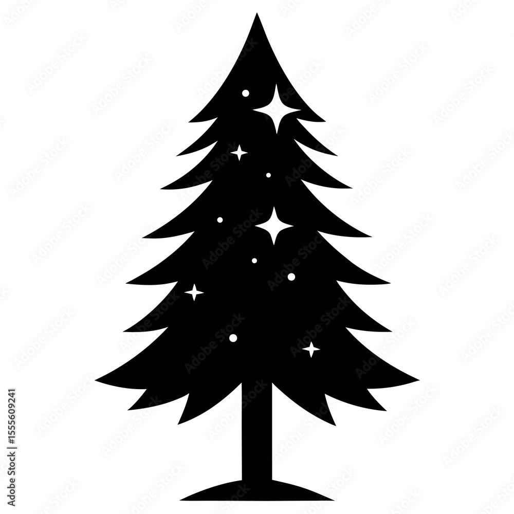 Fototapeta premium Black silhouette of a pine tree with stars under a night sky