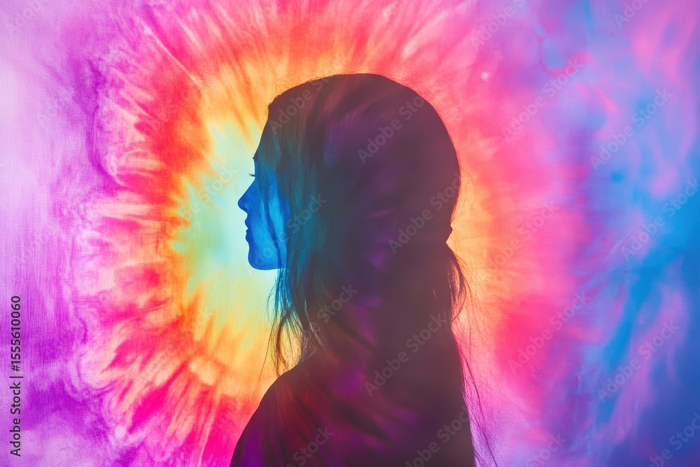 Fototapeta premium Multicolor tie dye gradient background highlighting a silhouette of a person in a meditative pose during a vibrant daytime setting