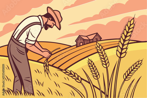 Farmer inspecting wheat field at sunset, ideal for agriculture, sustainability, or rural lifestyle advertising.