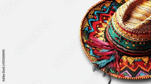 A square mexican designed picture frame with a mexican sombrero hanging off the top right corner.