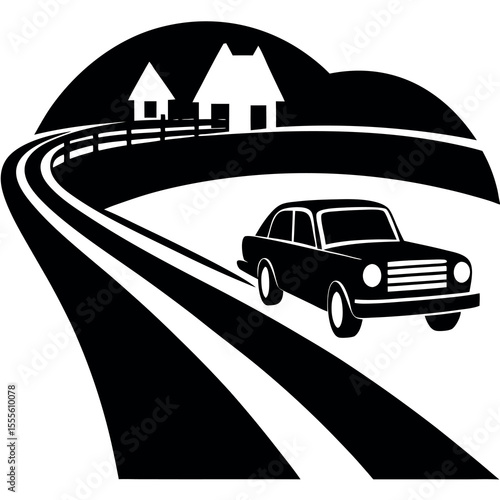 Silhouette of a car driving on a scenic countryside road at sunset