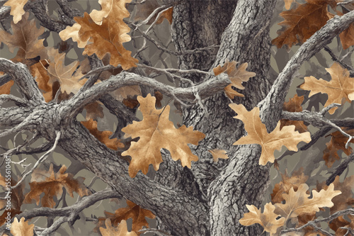 Camouflage seamless pattern. Forest real tree camouflage design. Hunting camouflage. Oak tree texture. Tree bark pattern design. Hunting background