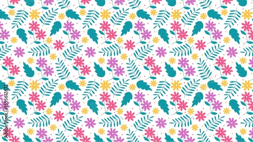 Floral pattern featuring pink purple and yellow flowers with green leaves on a white background