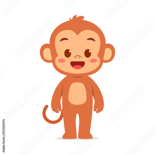 Canvas Print Cute Cartoon Monkey Standing and Smiling with Friendly Expression on White Backg