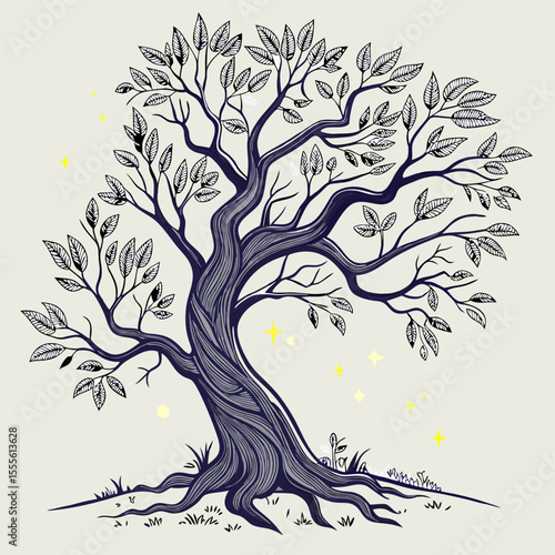 An enchanted tree with twisted branches, glowing fireflies surrounding it., illustration of a tree vector tree