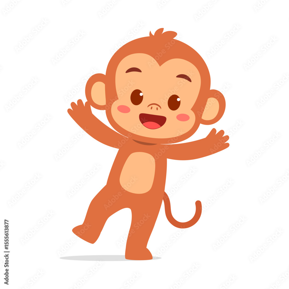 Fototapeta premium Cute Brown Monkey Smiling and Waving its Hand, Cartoon Vector Illustration