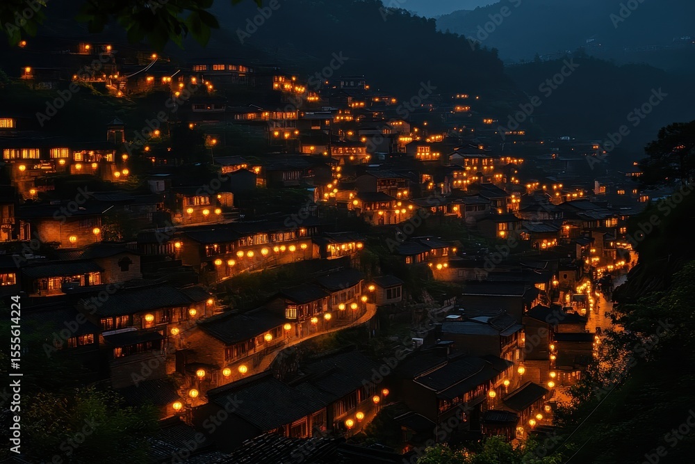 Obraz premium Enchanting night view of an ancient town with glowing lanterns illuminating winding streets and historic architecture