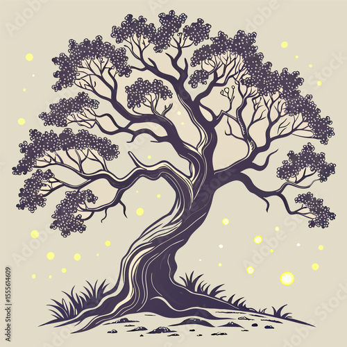 An enchanted tree with twisted branches, glowing fireflies surrounding it., illustration of a tree vector tree