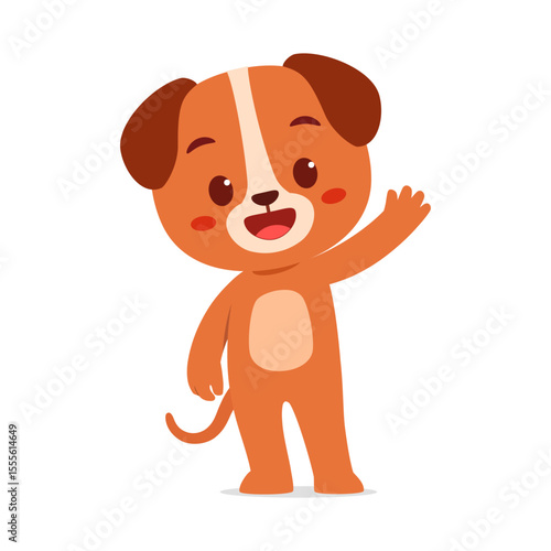 Cute Puppy Waving Hand with Cheerful Expression in Cartoon Illustration Style on White Background